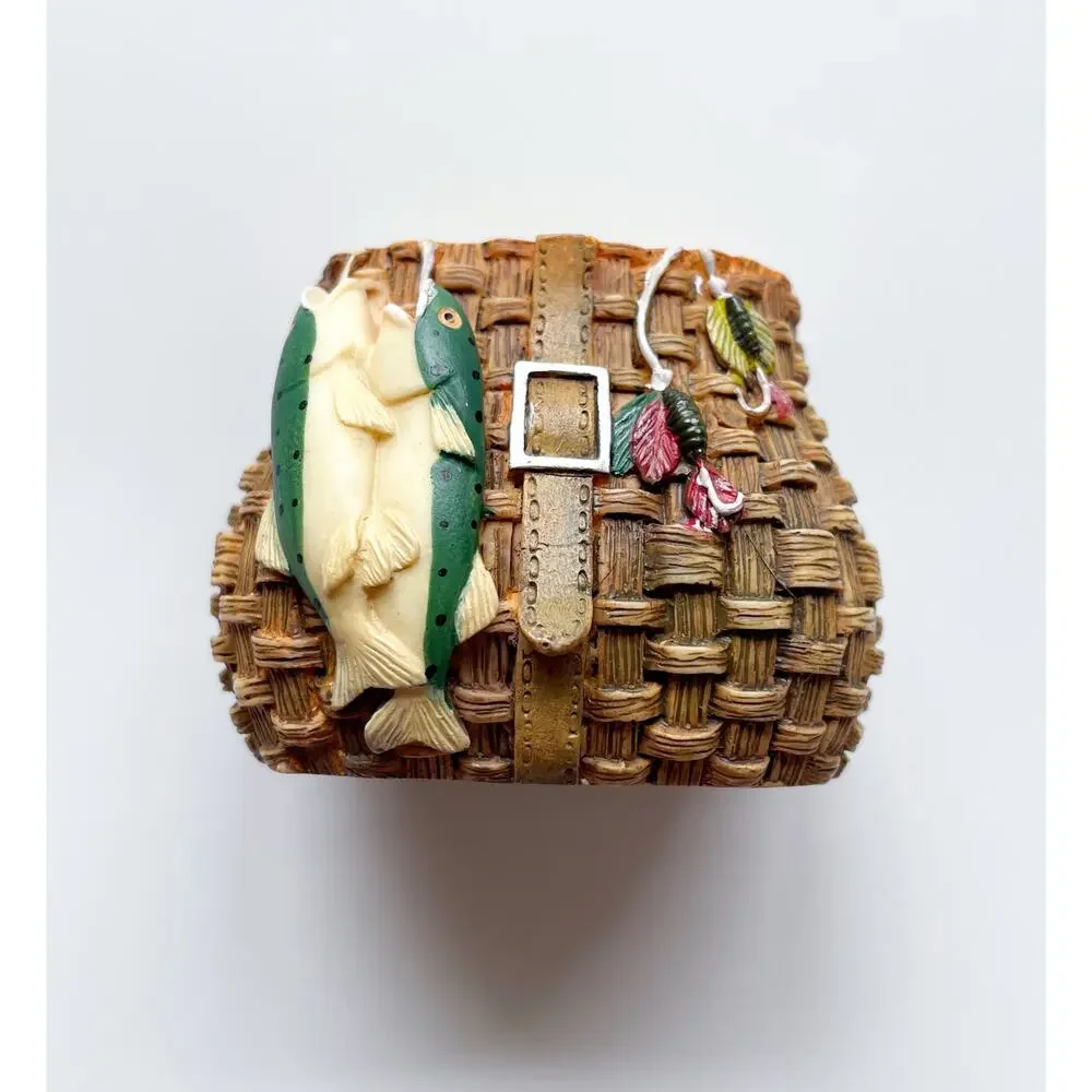 Vintage Ganz Ceramic Fishing Basket Trinket Box Removeable Lid